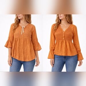 Lot Of 2 NWT Hem & Thread Orange Brown Long Sleeve Tops Shirt Womens Small Med